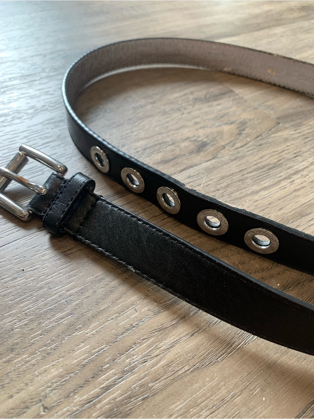 Michael Kors Women's Black Leather Belt with Silver Eyelet Accents Sz L